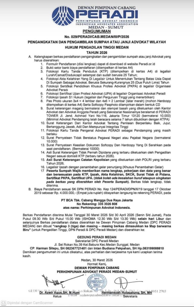 Pengumuman Pengangkatan dan Sumpah Advokat PERADI Medan Tahun 2026